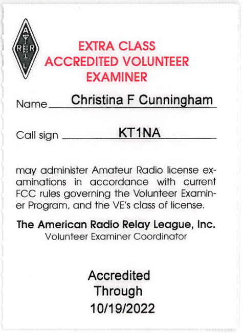 Christina's ARRL Accredited Volunteer Examiner badge